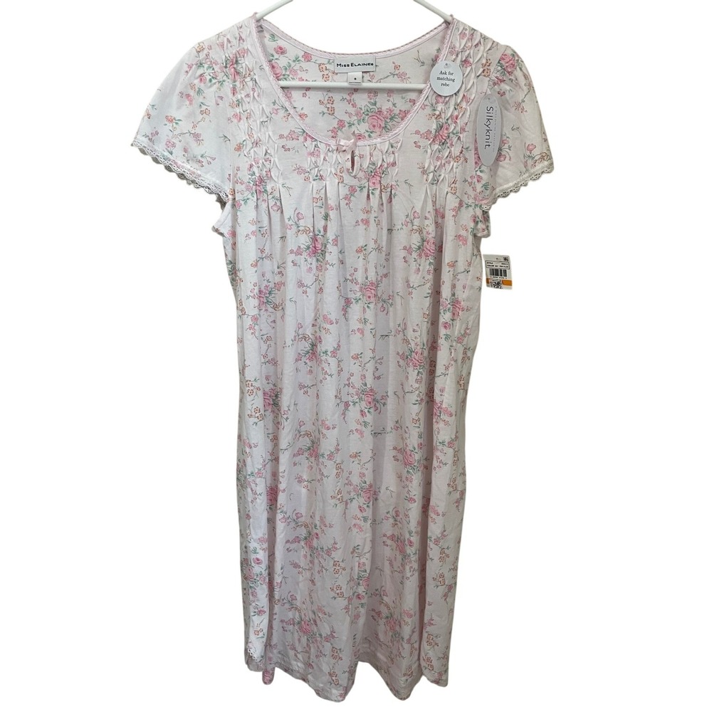 Miss Elaine Silkyknit Nightgown Womens Size S Pink Floral Smocked Lace Trim NWT